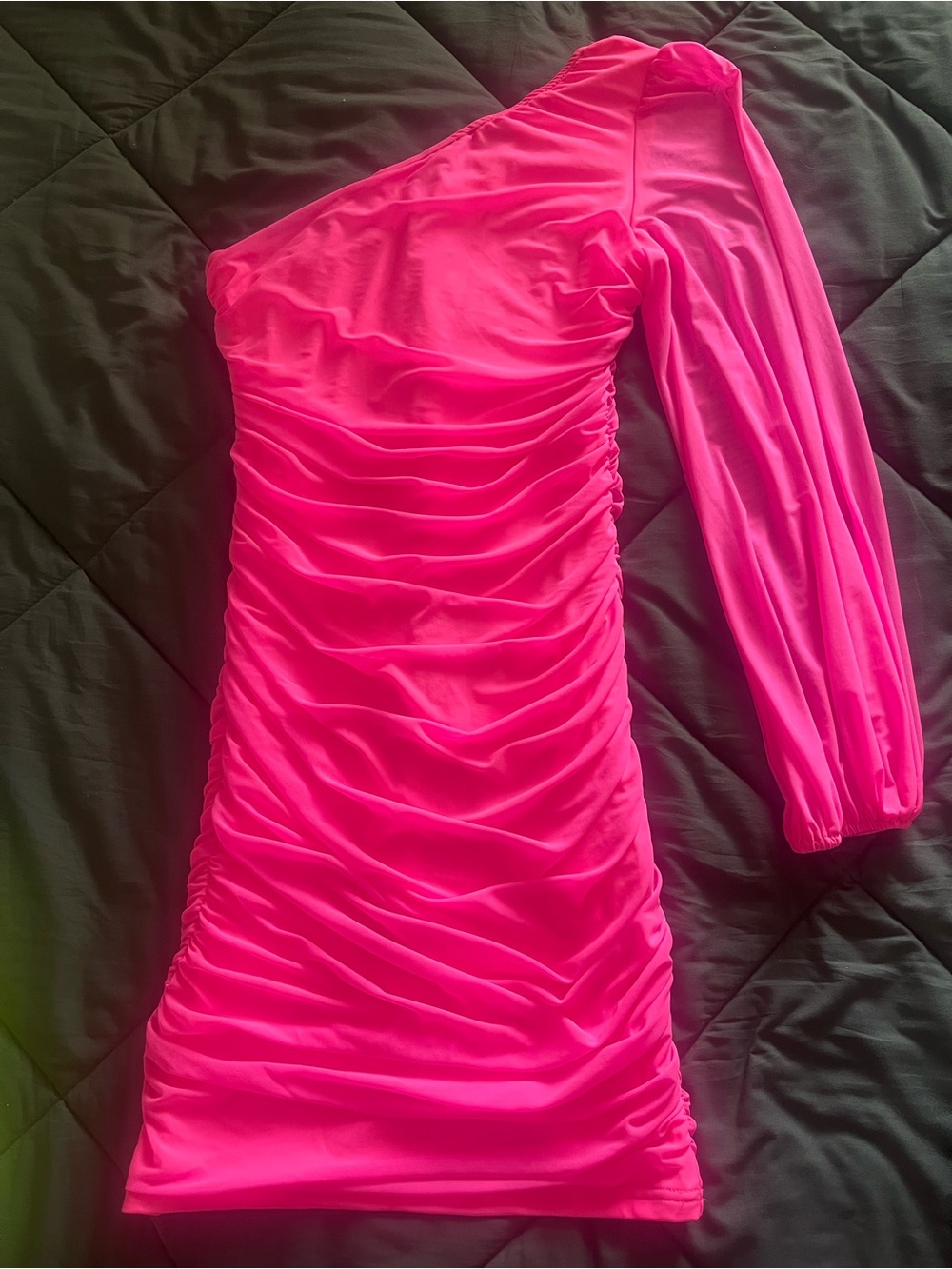 Asymmetric One-Shoulder Ruched Mini Dress in Hot Pink
